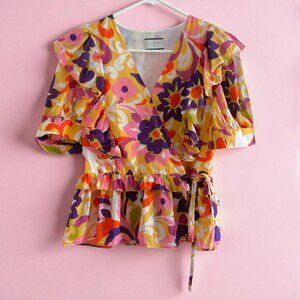 J. Crew ruffle wrap top in Ratti curly floral SO COLORFUL!